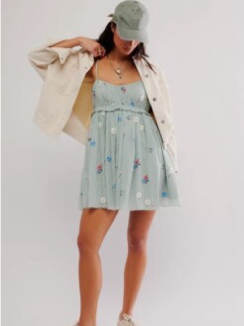 Free People Alana Mint Floral Smocked Mini Dress